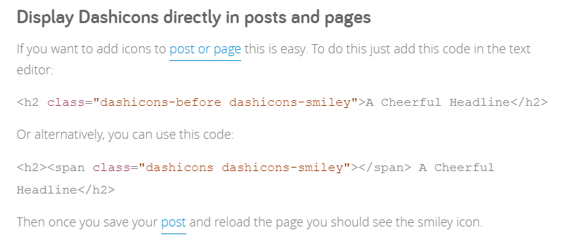 Display Dashicons directly in posts and pages